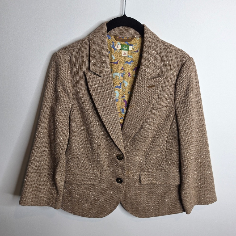 Ett Twa Herringbone Tweed Elbow Patch Blazer Womens 8 Brown Wool Blend